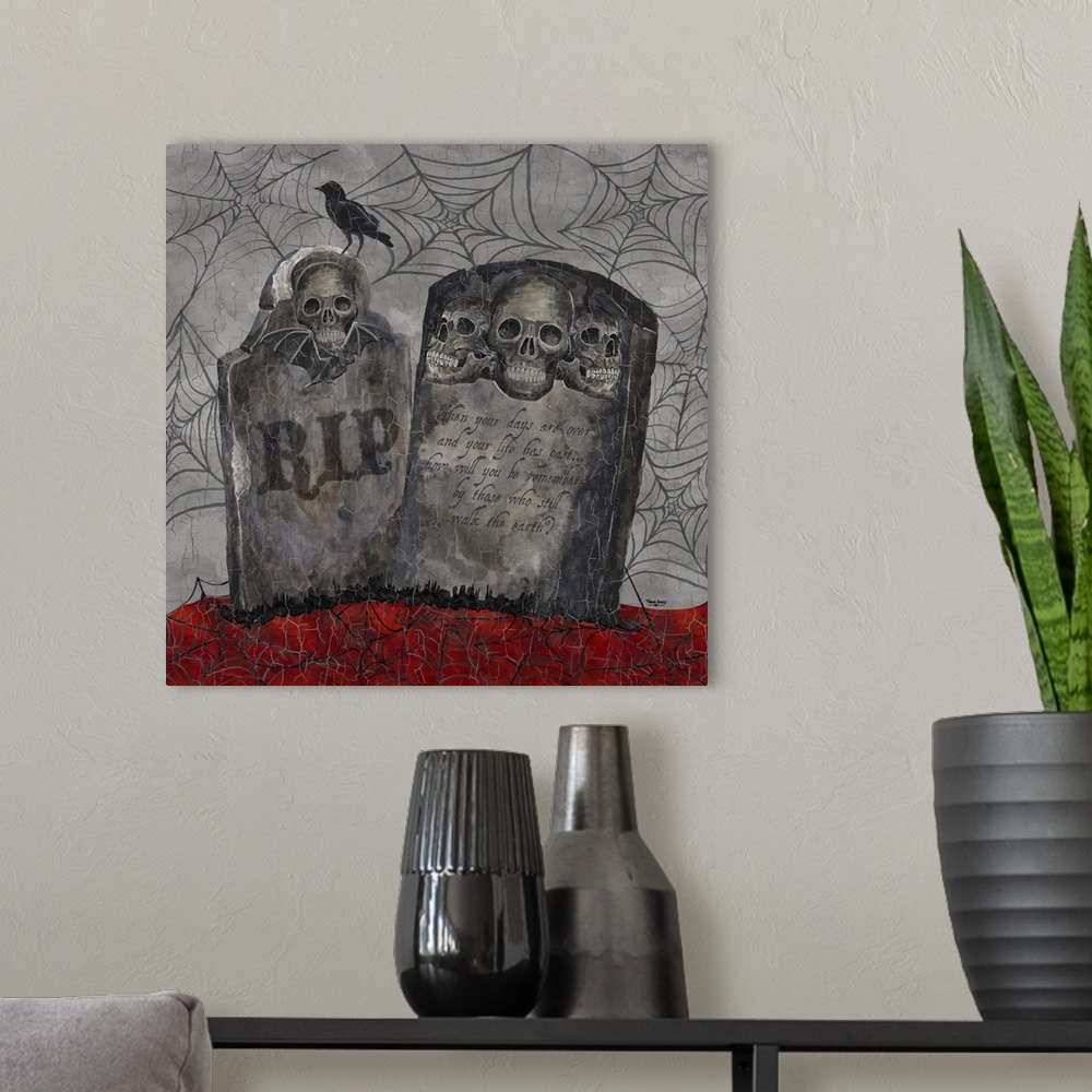 A modern room featuring A square decorative image of two gravestones with human skulls with a raven surrounded by webs an...