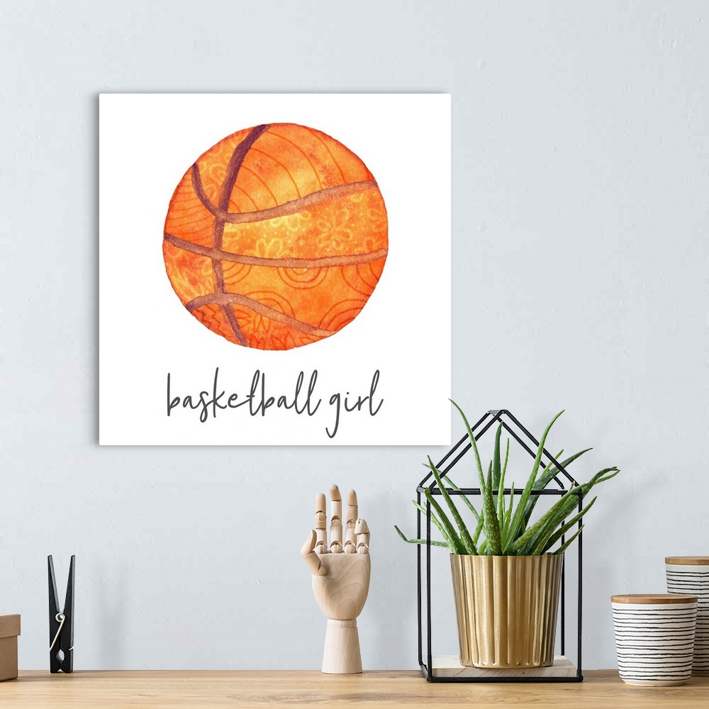A bohemian room featuring A watercolor image of a colorful patterned basketball and the text 'basketball girl.'