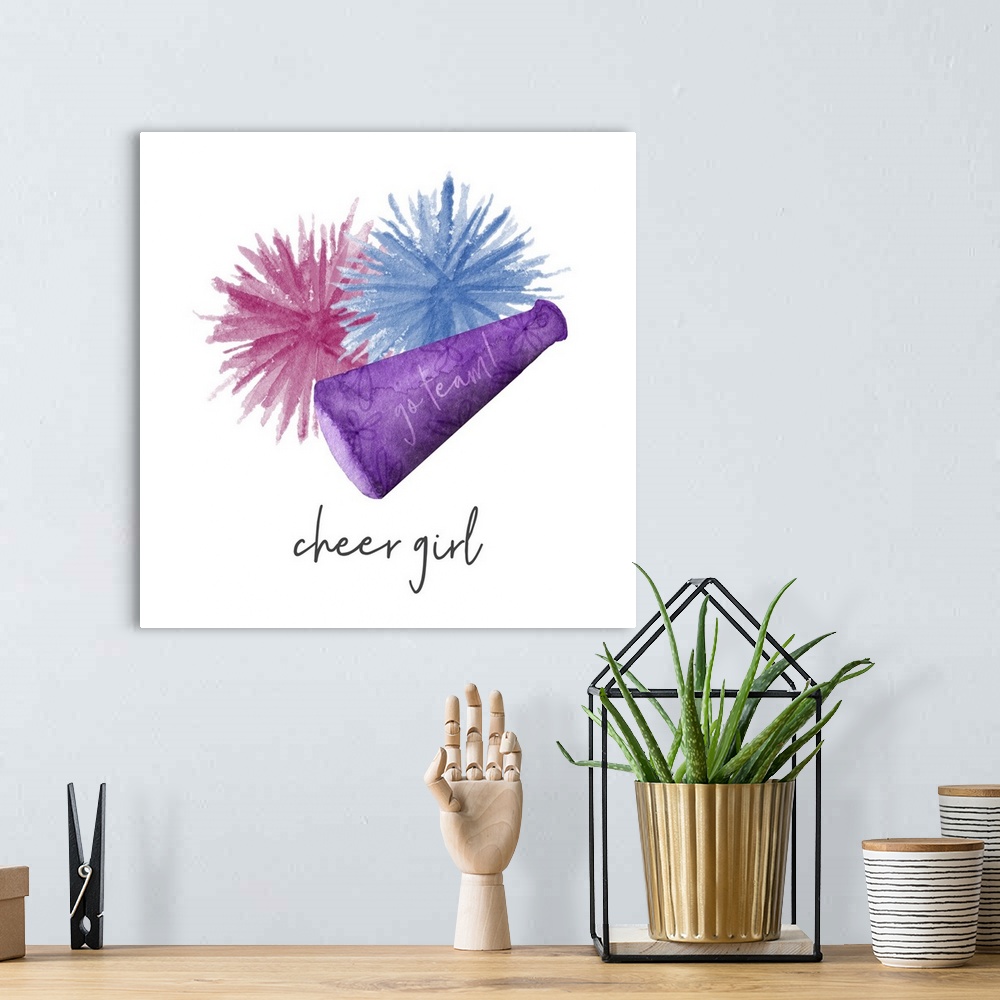A bohemian room featuring A watercolor image of a group of colorful patterned megaphone and pom  poms and the text 'cheer g...