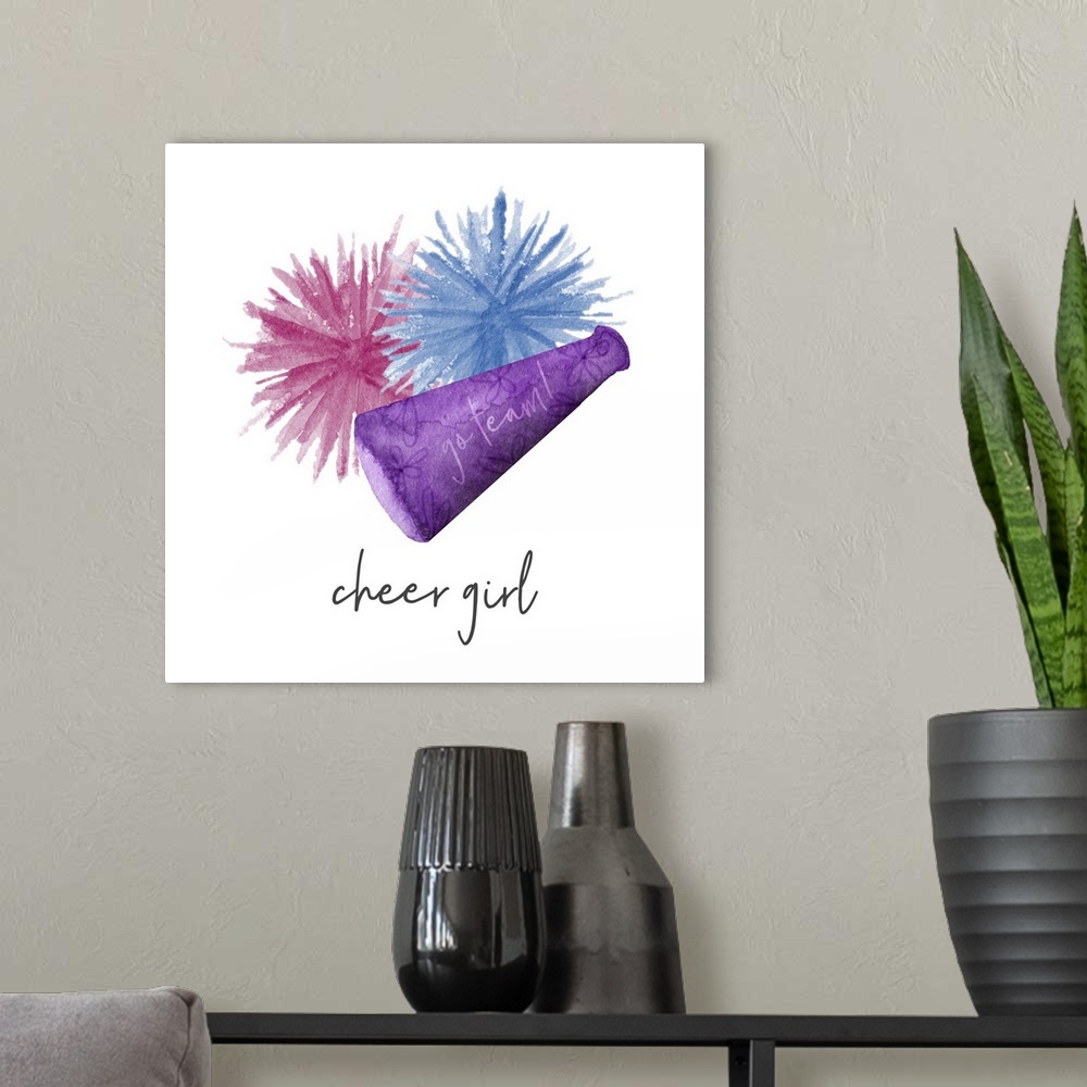 A modern room featuring A watercolor image of a group of colorful patterned megaphone and pom  poms and the text 'cheer g...