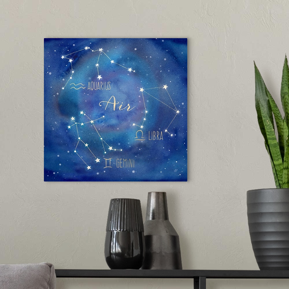 A modern room featuring Square artwork of the constellations of Aquarius, Libra and Gemini with the symbols.