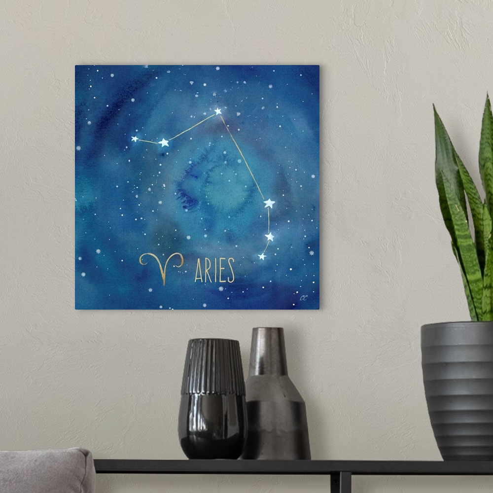 A modern room featuring Square artwork of the constellation of Aries with the symbol.