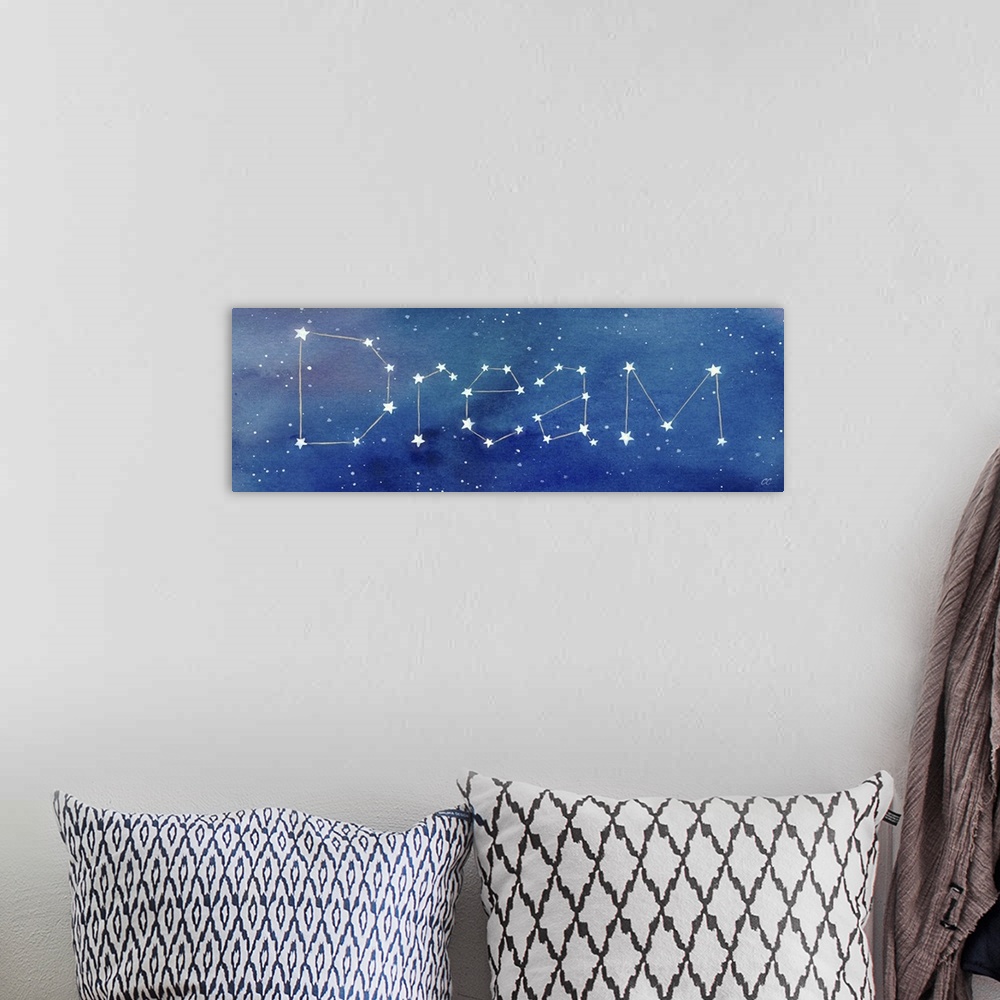 A bohemian room featuring Stellar artwork of the word 'Dream' as a constellation.