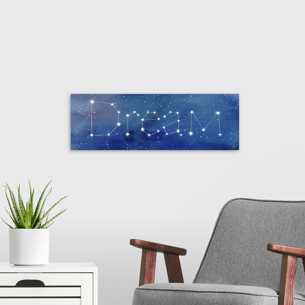 A modern room featuring Stellar artwork of the word 'Dream' as a constellation.
