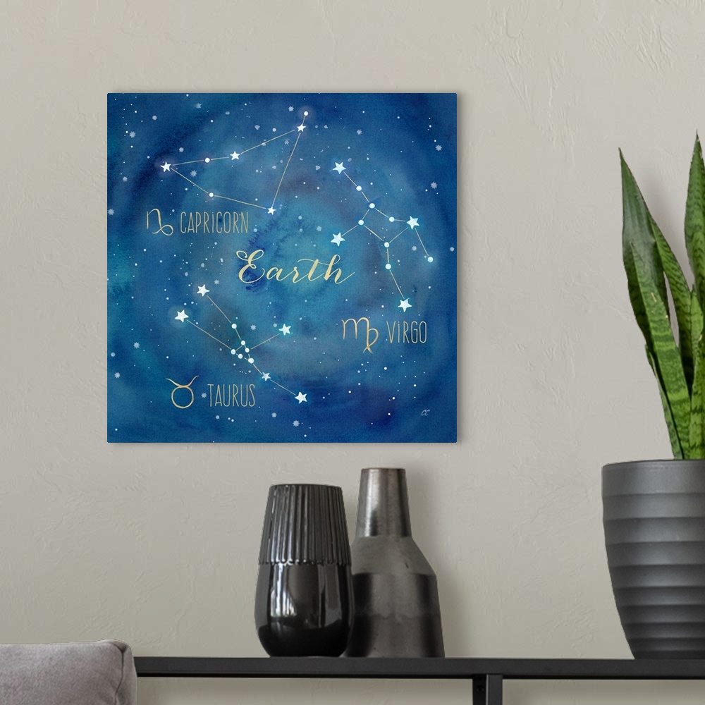 A modern room featuring Square artwork of the constellations of Capricorn, Taurus and Virgo with the symbols.