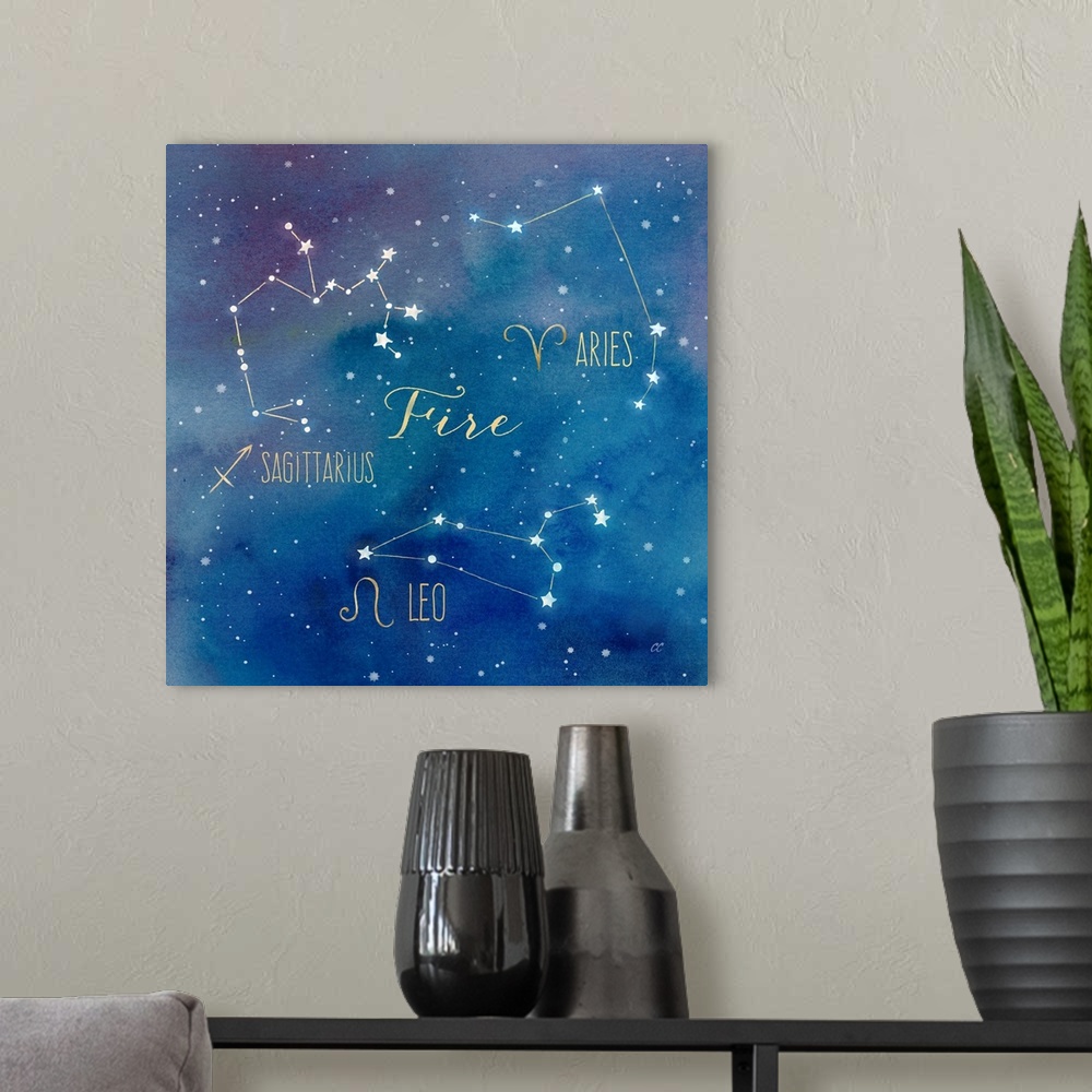 A modern room featuring Square artwork of the constellations of Aries, Sagittarius and Leo with the symbols.