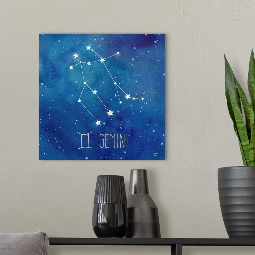 A modern room featuring Square artwork of the constellation of Gemini with the symbol.