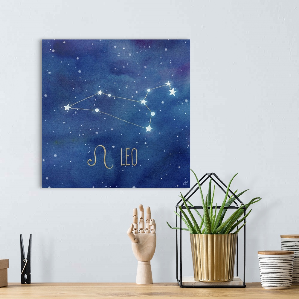 A bohemian room featuring Square artwork of the constellation of Leo with the symbol.