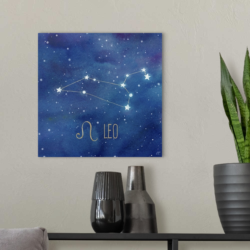 A modern room featuring Square artwork of the constellation of Leo with the symbol.