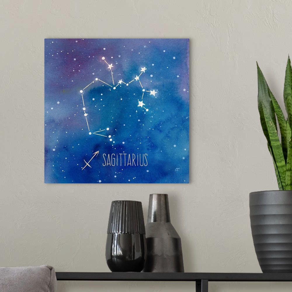 A modern room featuring Square artwork of the constellation of Sagittarious with the symbol.