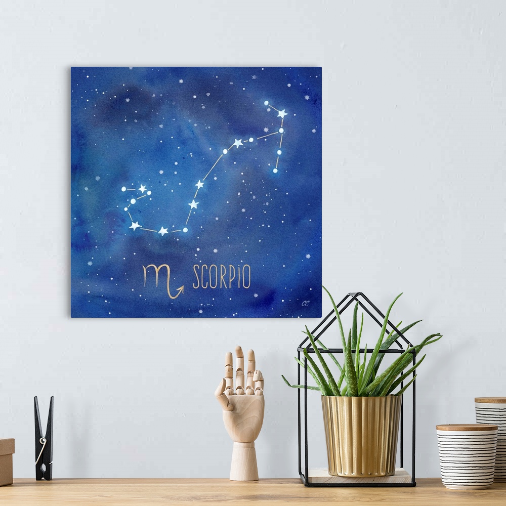 A bohemian room featuring Square artwork of the constellation of Scorpio with the symbol.