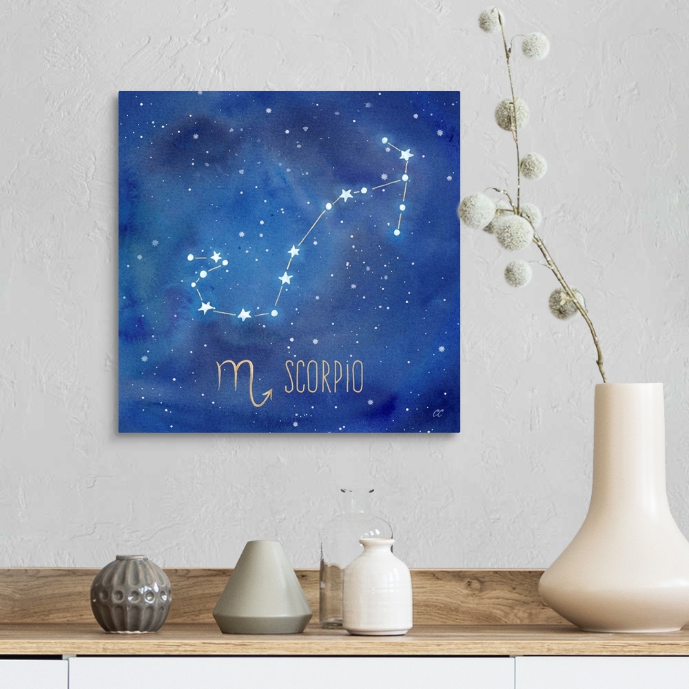 A farmhouse room featuring Square artwork of the constellation of Scorpio with the symbol.