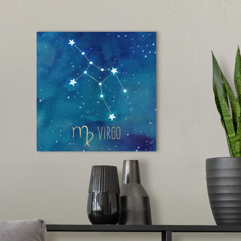 A modern room featuring Square artwork of the constellation of Virgo with the symbol.