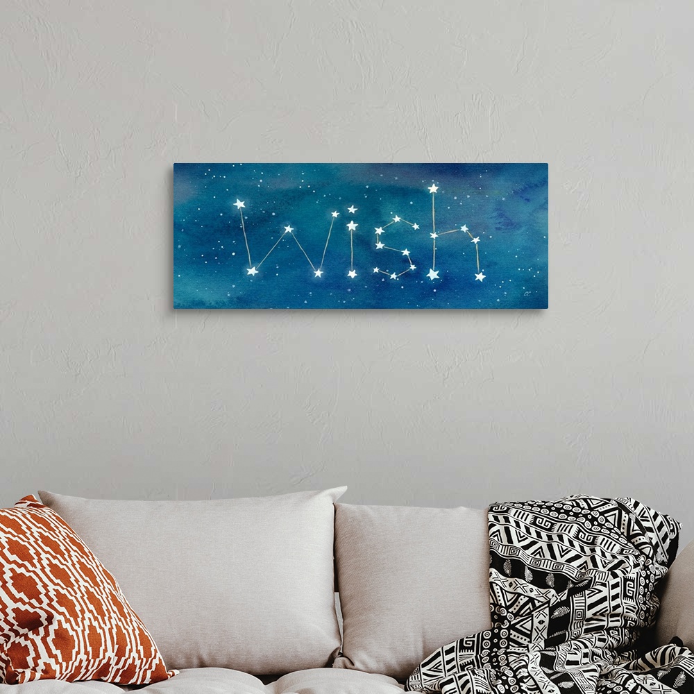 A bohemian room featuring Stellar artwork of the word 'Wish' as a constellation.