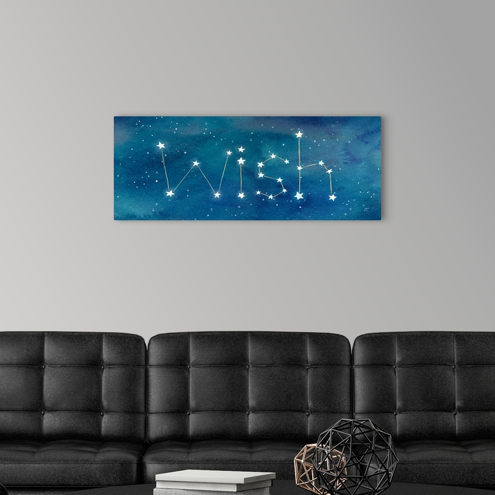 A modern room featuring Stellar artwork of the word 'Wish' as a constellation.