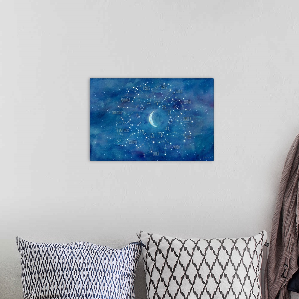A bohemian room featuring Horizontal artwork of the different horoscope constellations surrounding a crescent moon.