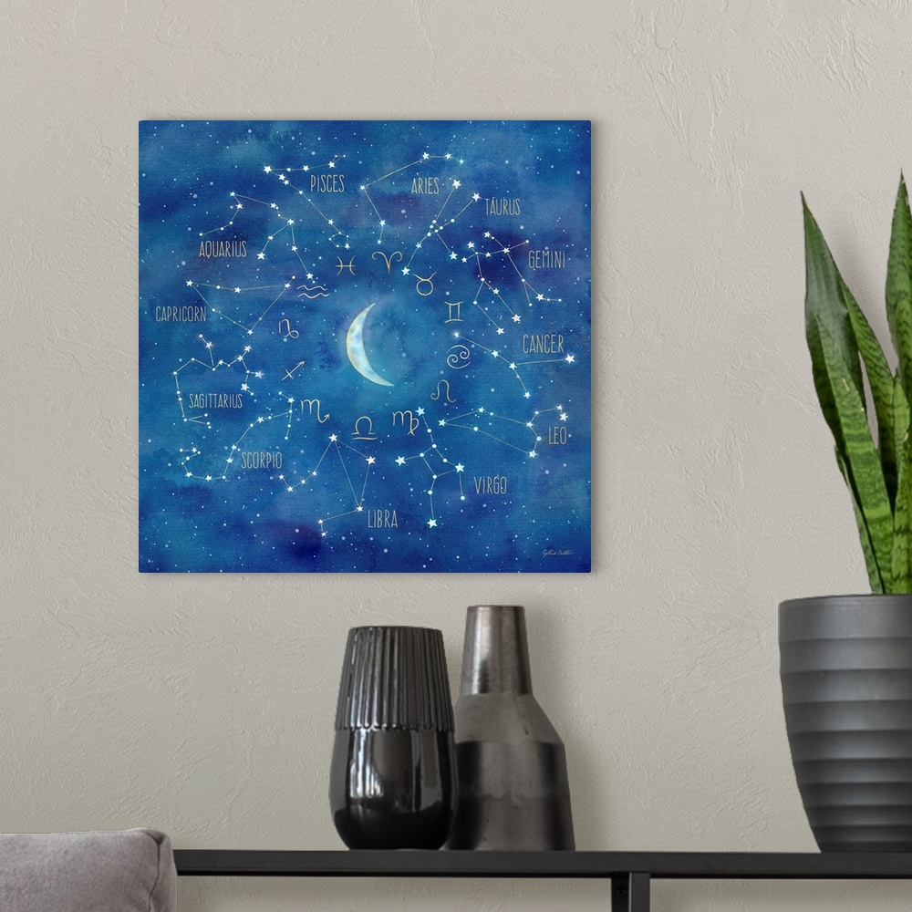 A modern room featuring Square artwork of the different horoscope constellations surrounding a crescent moon.