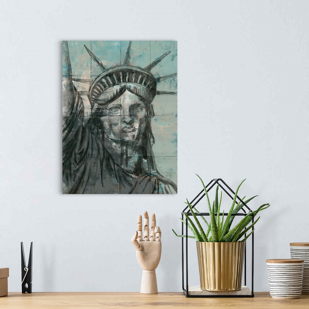 A bohemian room featuring Contemporary painting of the Statue Of Liberty in New York, in subdue tones, with a square grid o...
