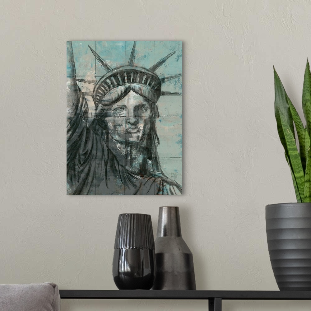 A modern room featuring Contemporary painting of the Statue Of Liberty in New York, in subdue tones, with a square grid o...