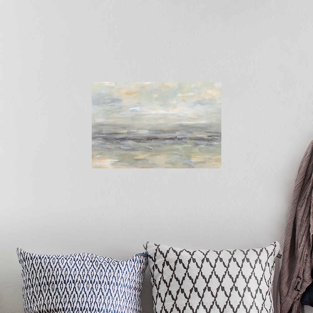 A bohemian room featuring A contemporary landscape painting in abstract horizontal brush strokes in muted tones.