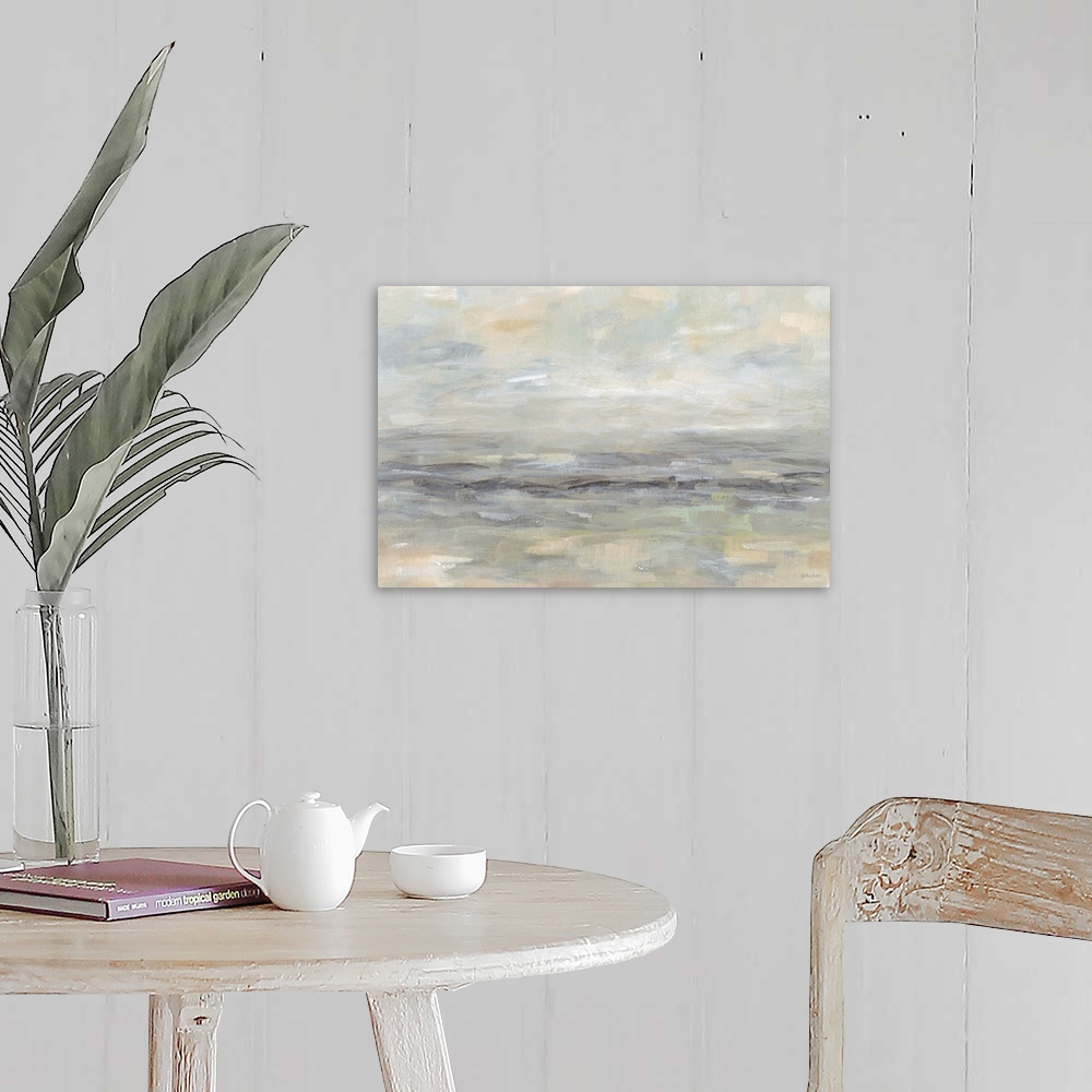 A farmhouse room featuring A contemporary landscape painting in abstract horizontal brush strokes in muted tones.