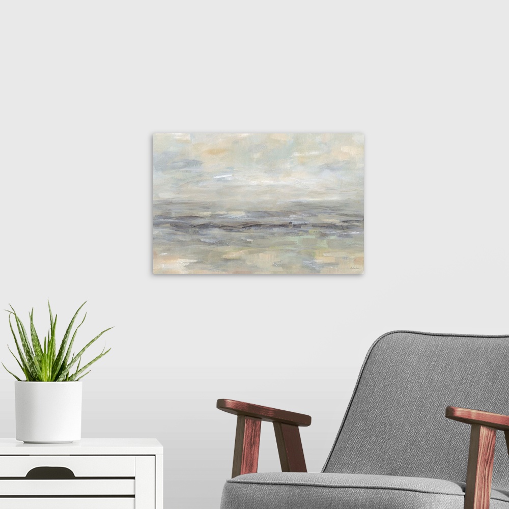 A modern room featuring A contemporary landscape painting in abstract horizontal brush strokes in muted tones.