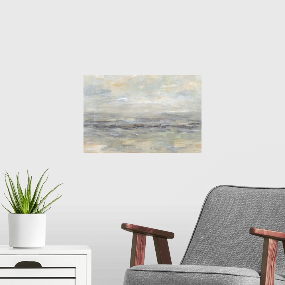 A modern room featuring A contemporary landscape painting in abstract horizontal brush strokes in muted tones.