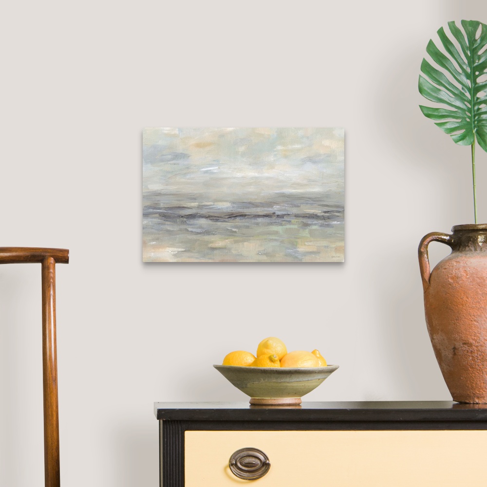 A traditional room featuring A contemporary landscape painting in abstract horizontal brush strokes in muted tones.