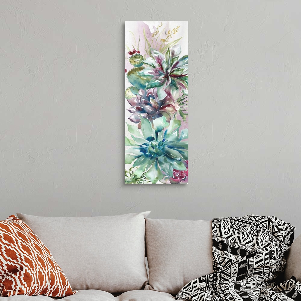 A bohemian room featuring A vertical decorative watercolor painting of a group of succulents in a garden.