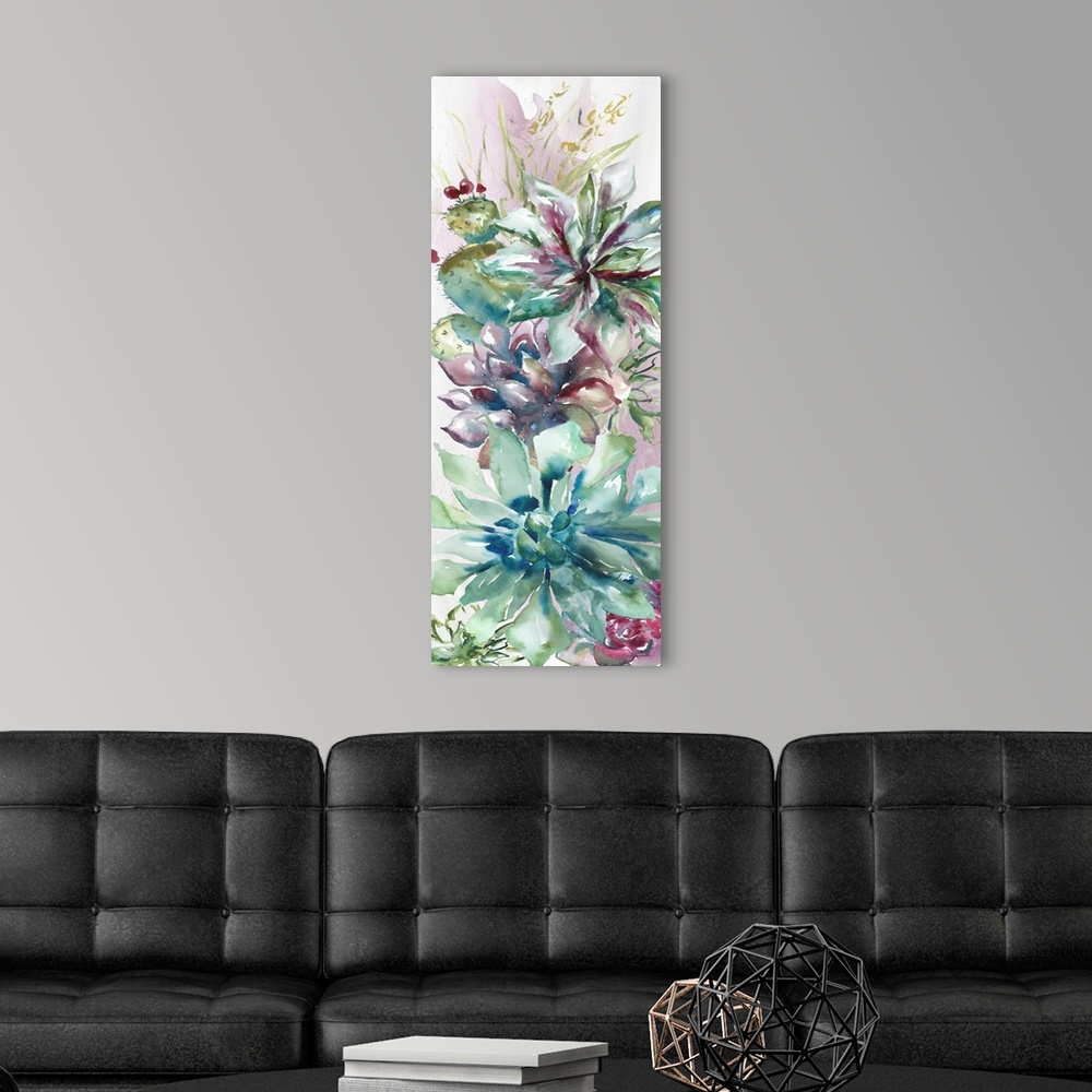 A modern room featuring A vertical decorative watercolor painting of a group of succulents in a garden.