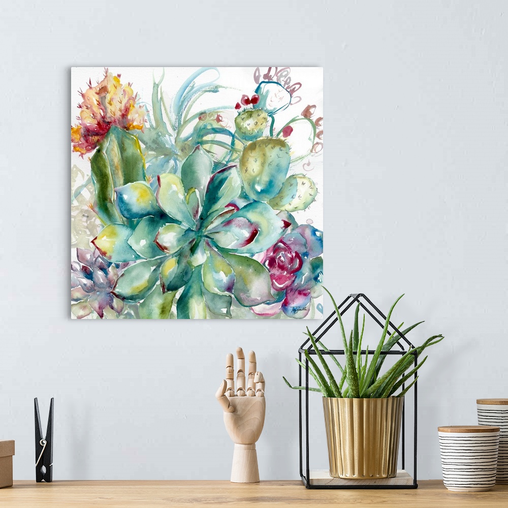 A bohemian room featuring A square decorative watercolor painting of a group of succulents in a garden.