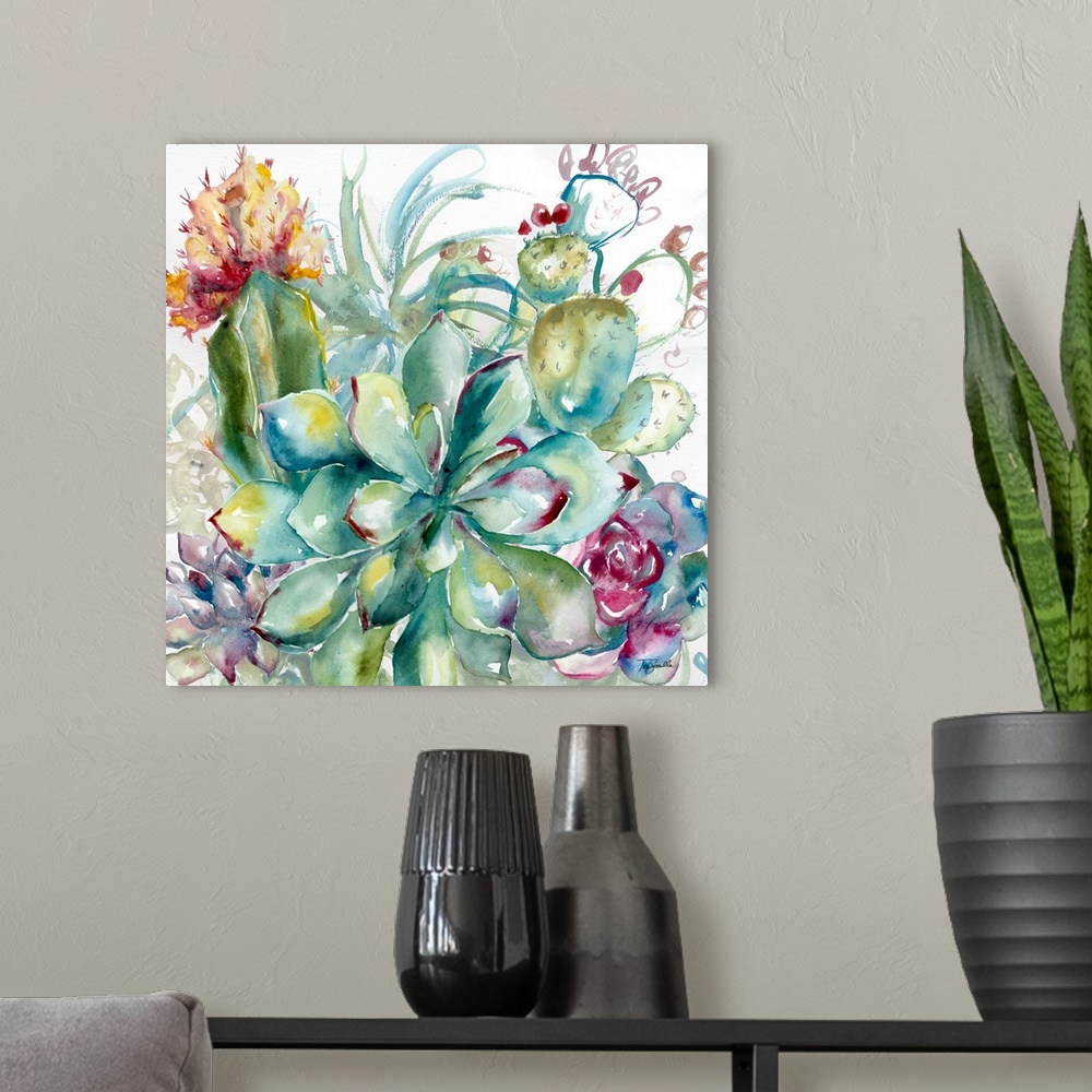 A modern room featuring A square decorative watercolor painting of a group of succulents in a garden.