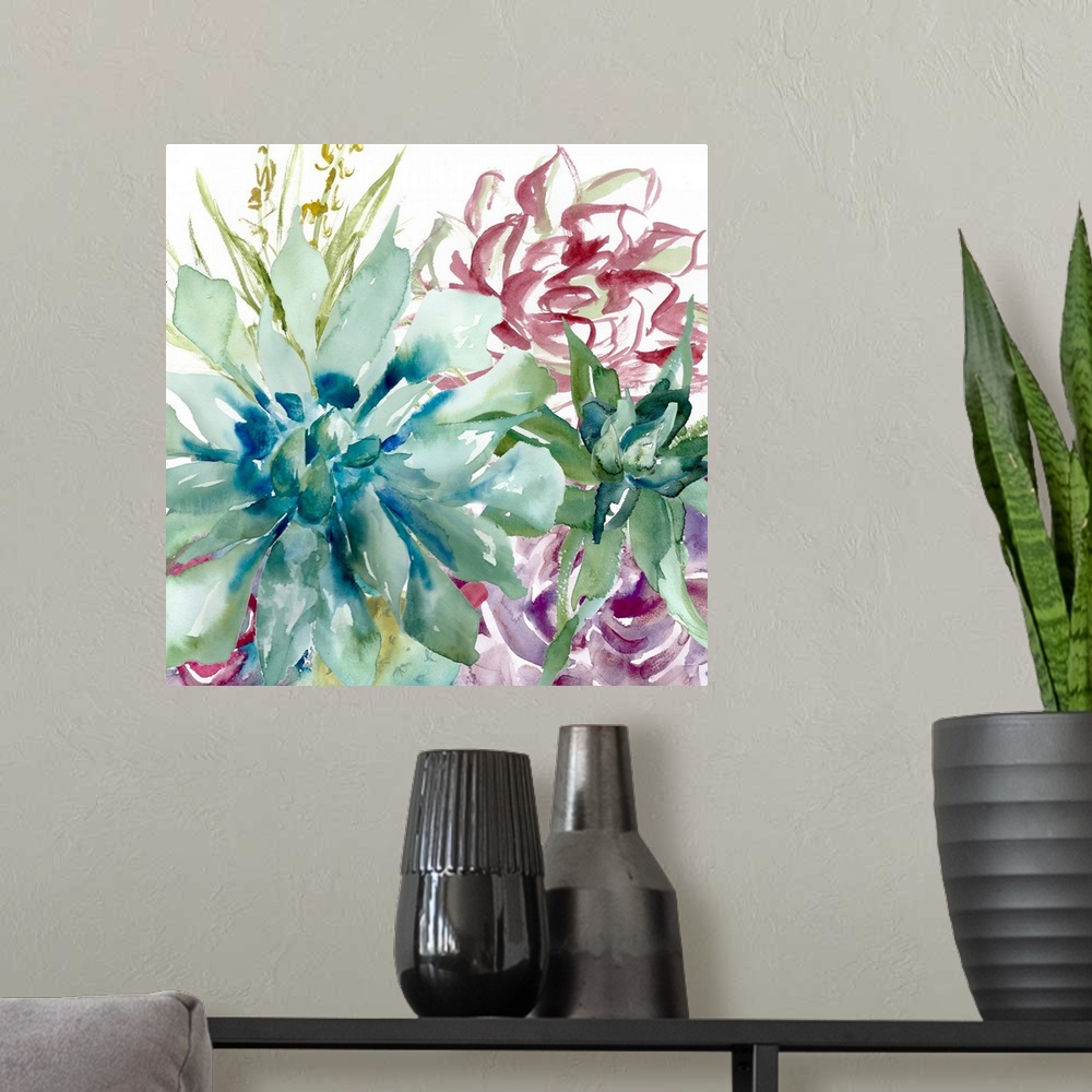 A modern room featuring A square decorative watercolor painting of a group of succulents in a garden.