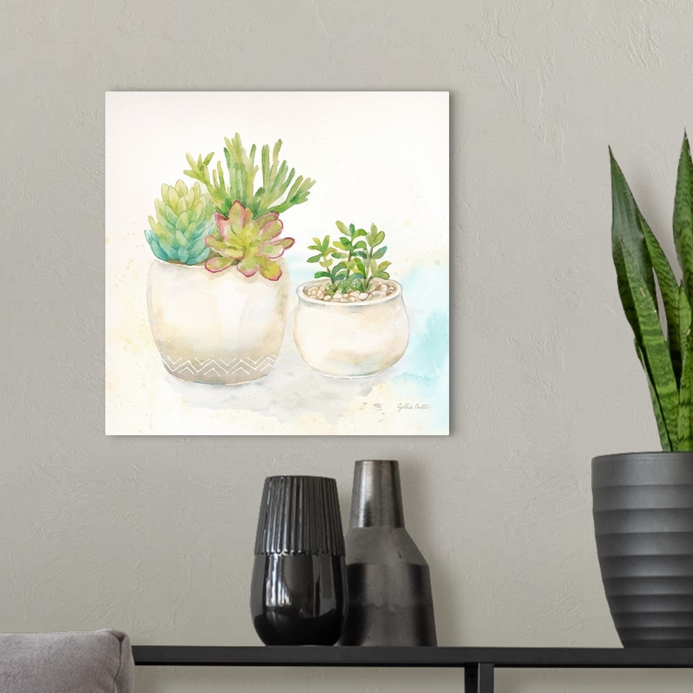 A modern room featuring A square decorative watercolor painting of succulents in clay pots.