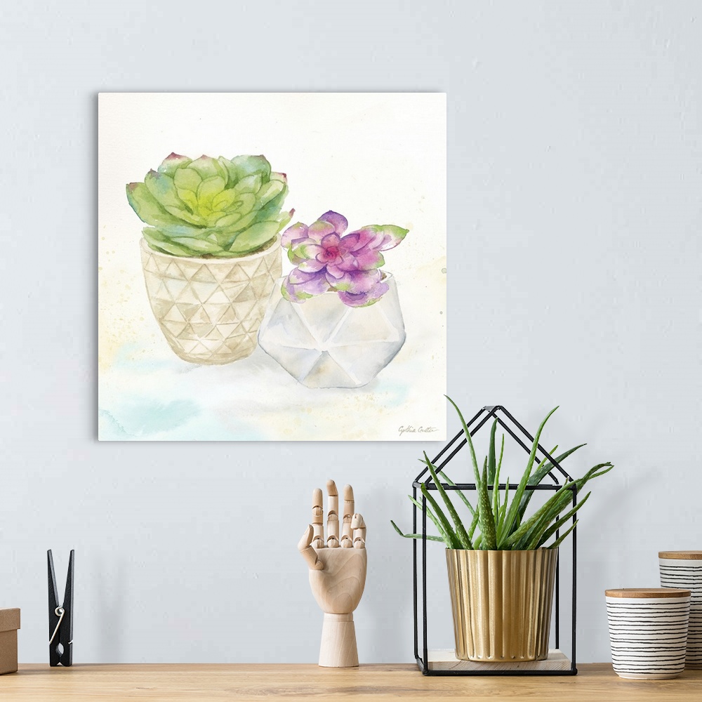 A bohemian room featuring A square decorative watercolor painting of succulents in clay pots.