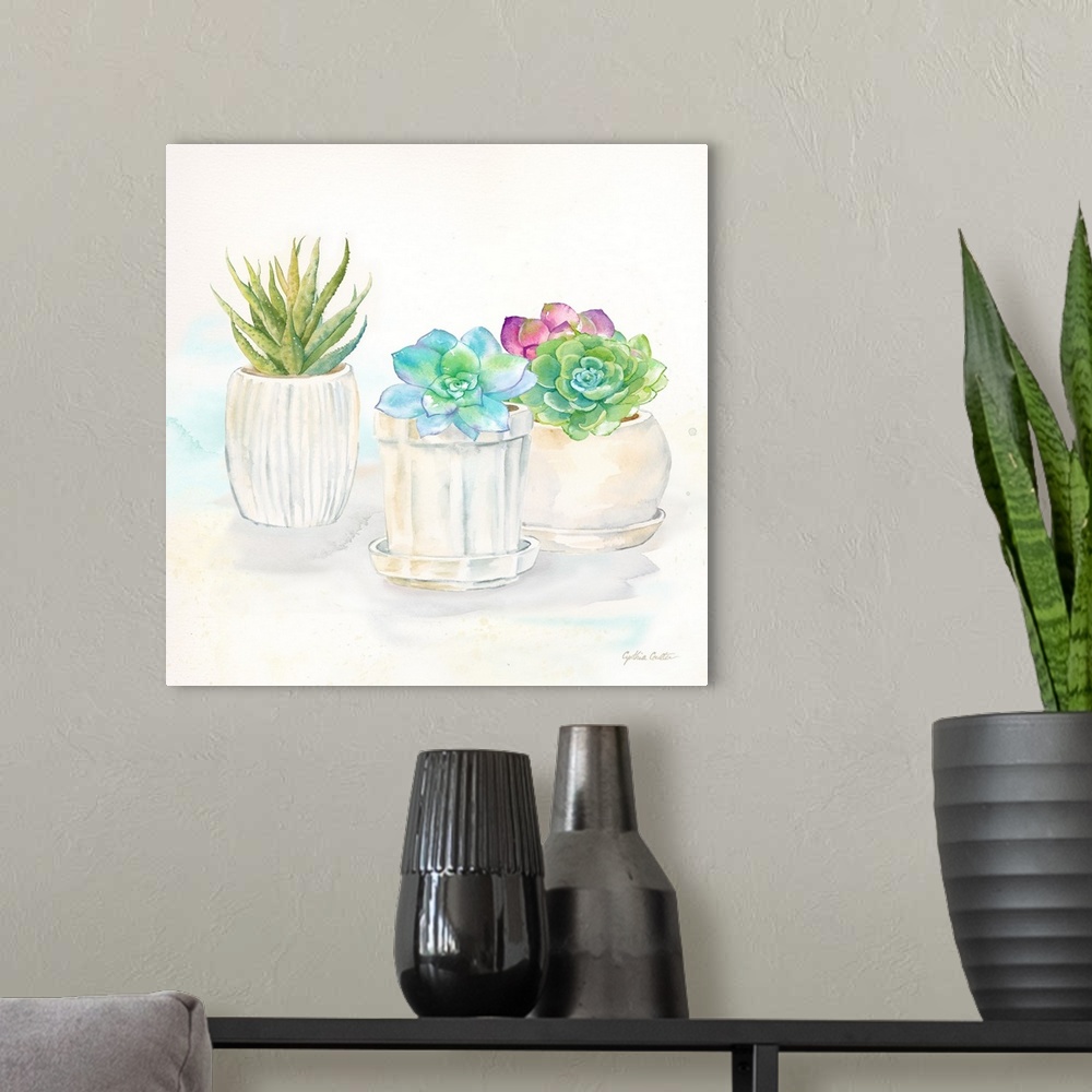 A modern room featuring A square decorative watercolor painting of succulents in clay pots.