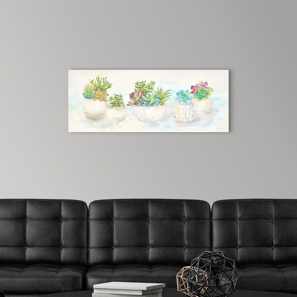 A modern room featuring A horizontal decorative watercolor painting of succulents in clay pots.