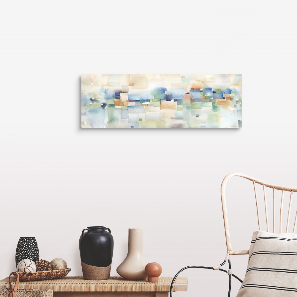 A farmhouse room featuring Horizontal abstract watercolor painting in blurred square shapes in muted tones of brown, blue an...