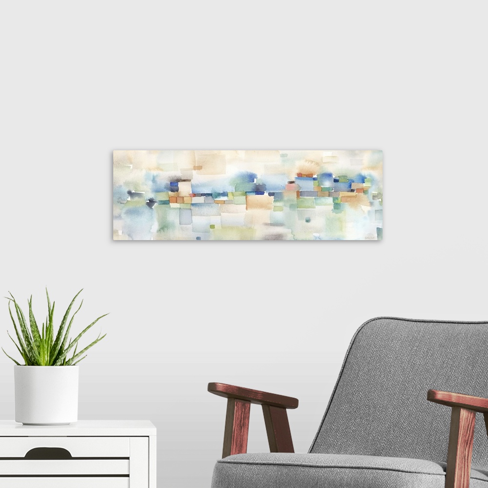 A modern room featuring Horizontal abstract watercolor painting in blurred square shapes in muted tones of brown, blue an...