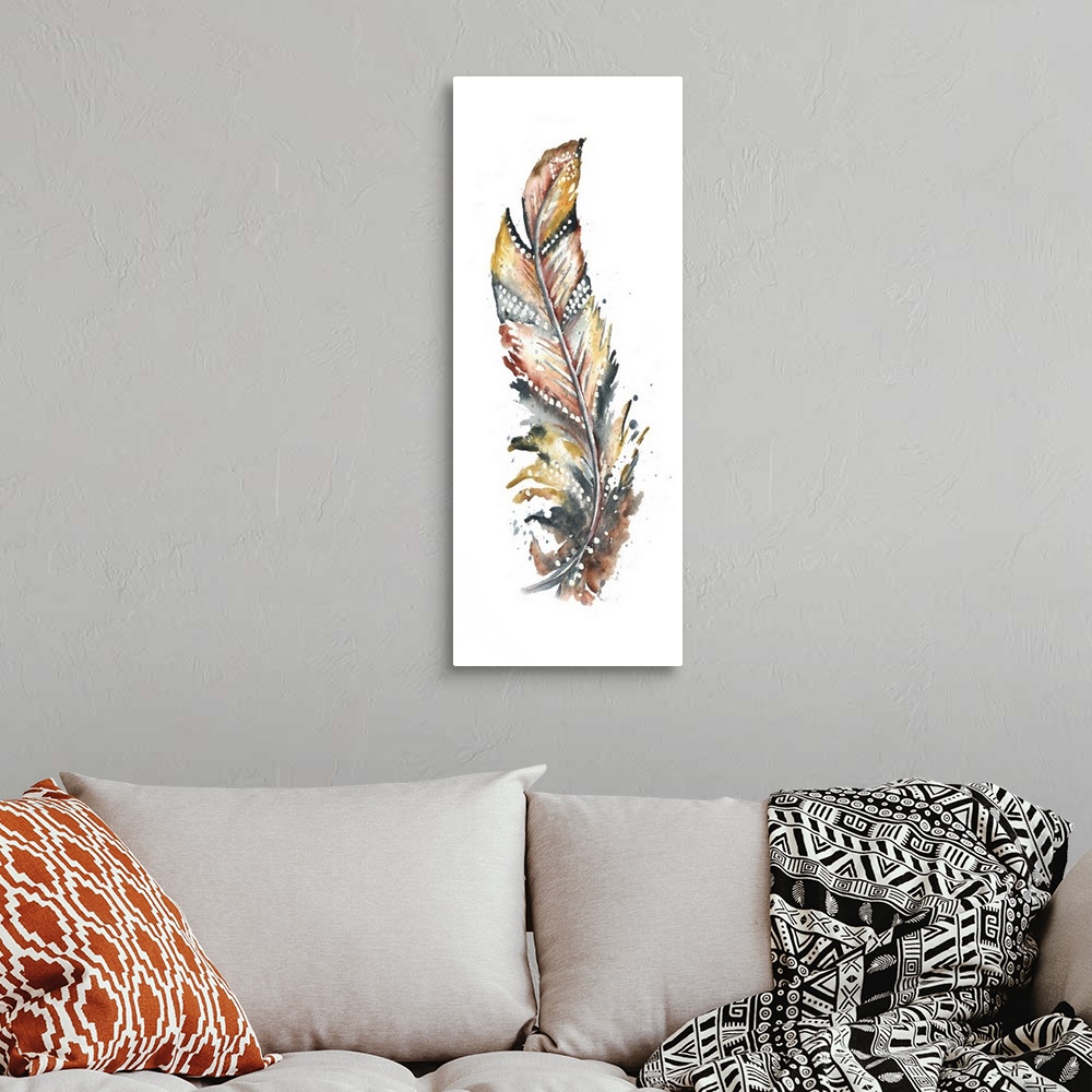 A bohemian room featuring A vertical watercolor design of a single feather in shades of brown and yellow with white spots.