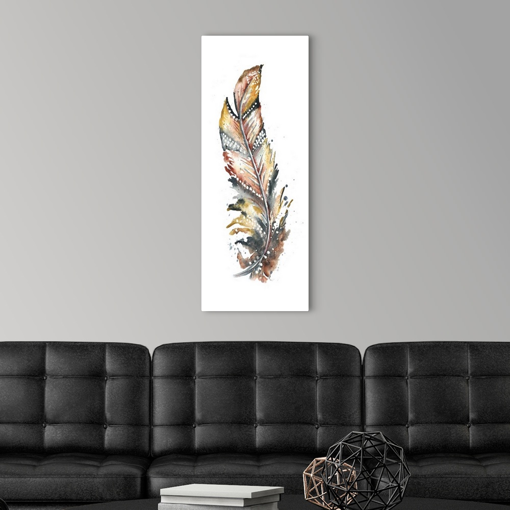 A modern room featuring A vertical watercolor design of a single feather in shades of brown and yellow with white spots.