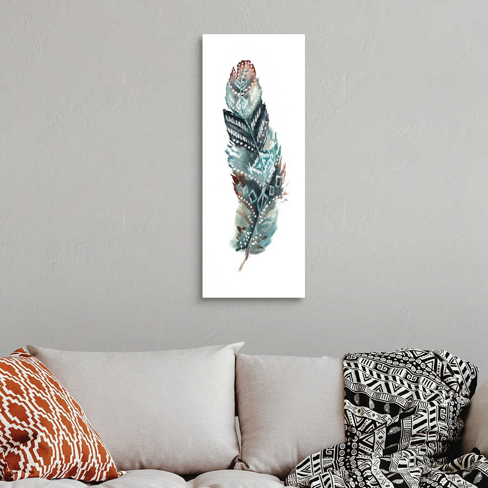 A bohemian room featuring A vertical watercolor design of a single feather in shades of brown and teal with white spots and...