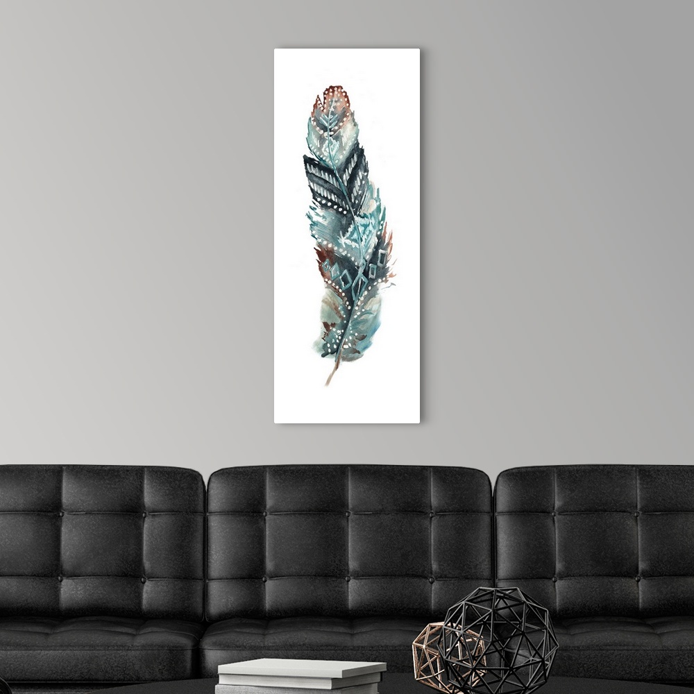 A modern room featuring A vertical watercolor design of a single feather in shades of brown and teal with white spots and...