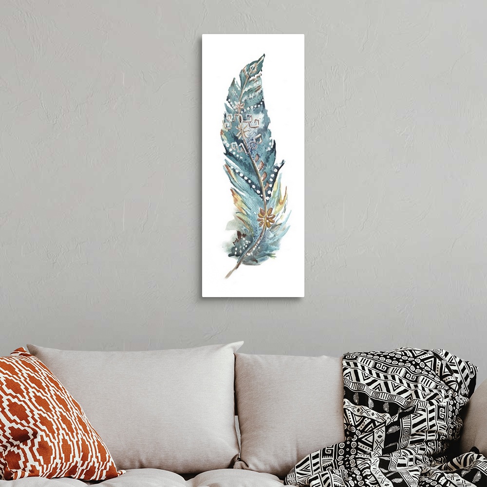 A bohemian room featuring A vertical watercolor design of a single feather in shades of teal and yellow with white spots an...