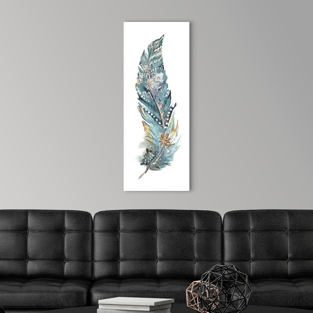 A modern room featuring A vertical watercolor design of a single feather in shades of teal and yellow with white spots an...