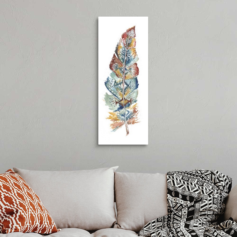 A bohemian room featuring A vertical watercolor design of a single feather in shades of red, teal and yellow with white spo...