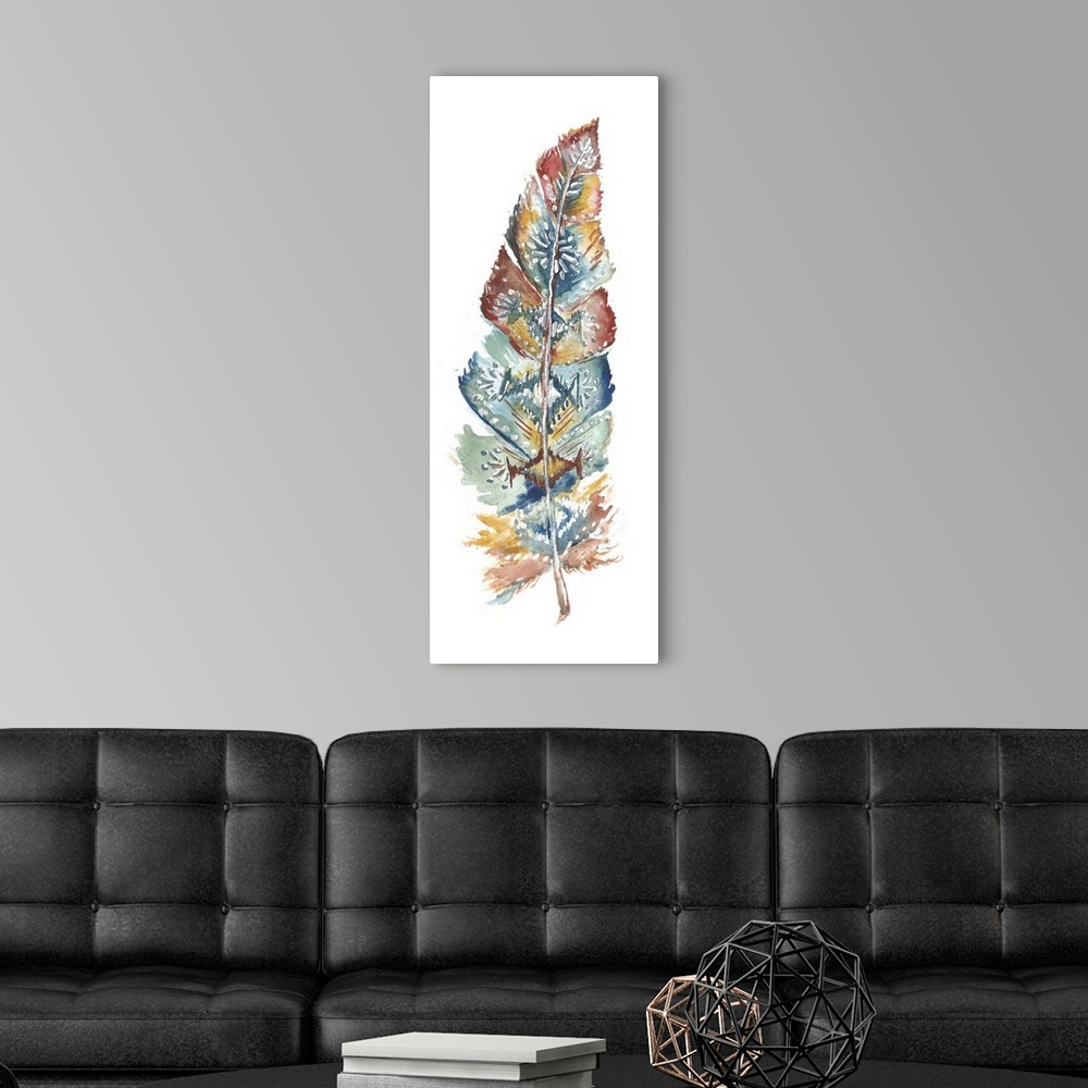 A modern room featuring A vertical watercolor design of a single feather in shades of red, teal and yellow with white spo...