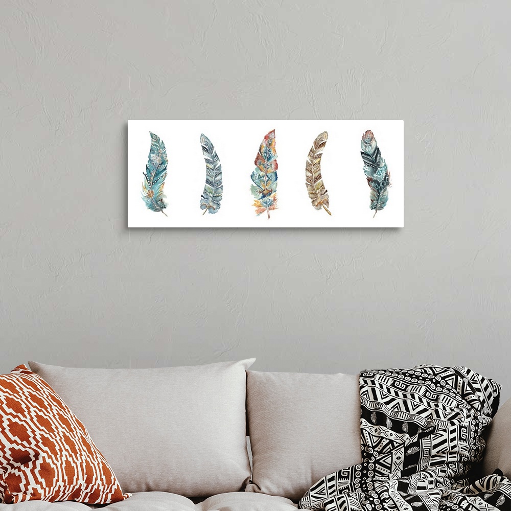 A bohemian room featuring A watercolor design of a row of feathers on a white background.