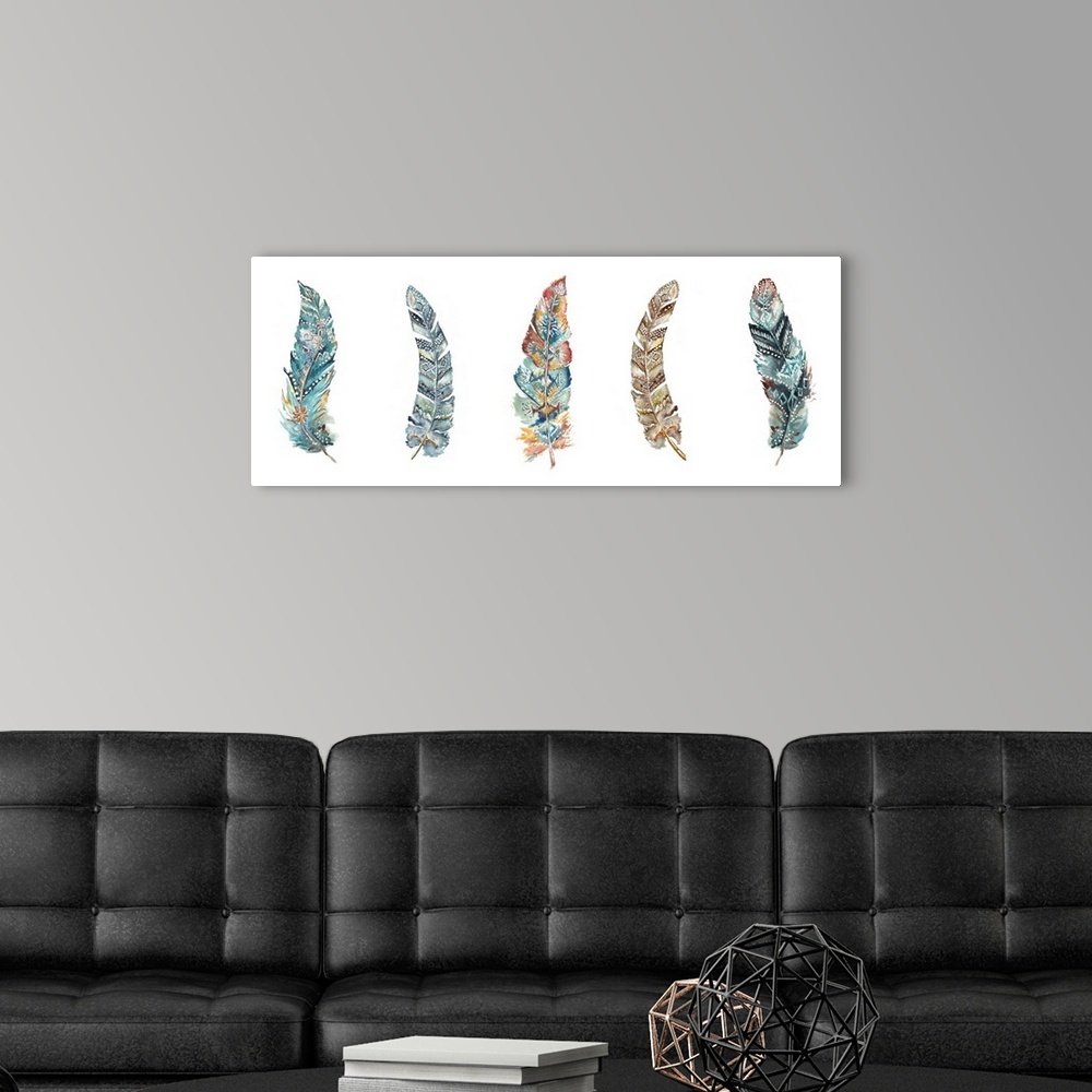 A modern room featuring A watercolor design of a row of feathers on a white background.