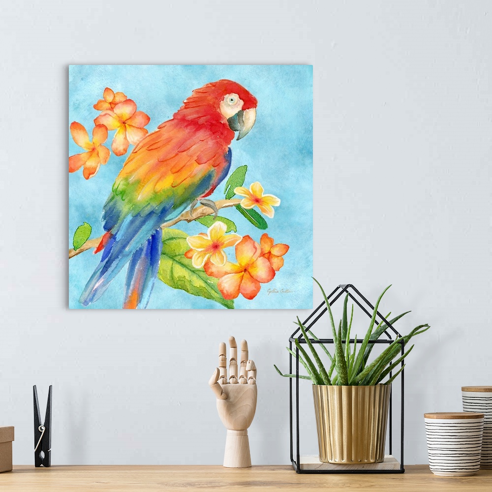 A bohemian room featuring A bright colored painting of a parrot on a flower covered branch with a blue background.